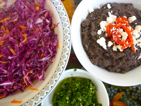 Refried black beans, red cabbage slaw and zhoug Refried black beans red cabbage slaw and zhoug