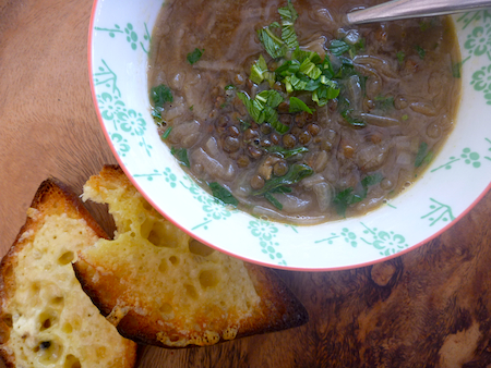 French lentil and onion soup with cheesey croutons