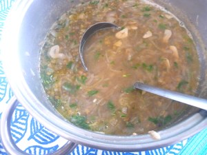 French lentil and onion soup in pot