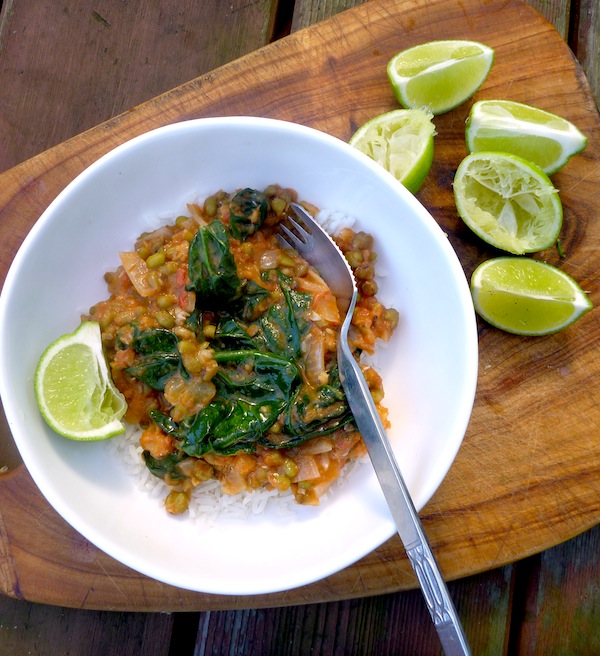 Mongo - Filipino mung bean dahl with tomatoes, spinach and lime