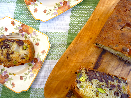 Pear pistachio and dark chocolate cake