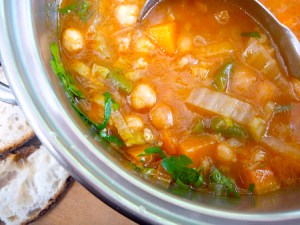 Pot of vegetarian minestrone with chickpeas