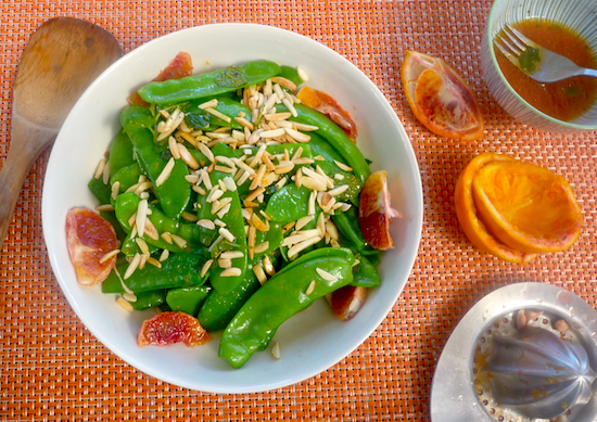 Snowpea, blood orange and almond salad (vegan)
