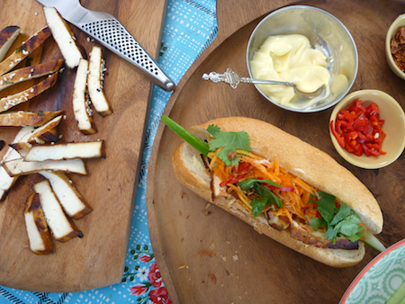 Vegetarian banh mi rolls with marinated sesame tofu Vegetarian banh mi - Vietnamese salad rolls with marinated tofu