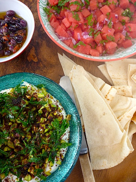Labneh dip with pistachios, parsley, sumac and watermelon salad