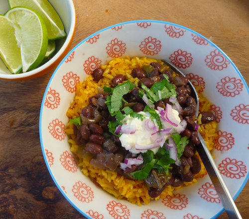 Black beans, Spanish rice burrito bowl
