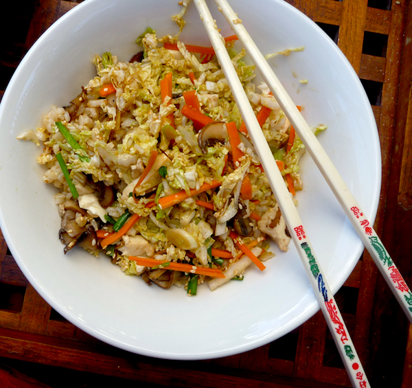 Brown rice bowl with mushrooms, tofu, ginger and wombok slaw