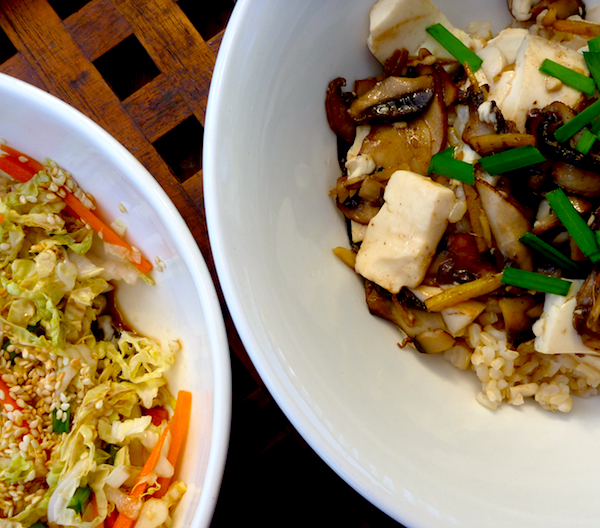 Brown rice bowl with mushrooms, ginger and wombok slaw