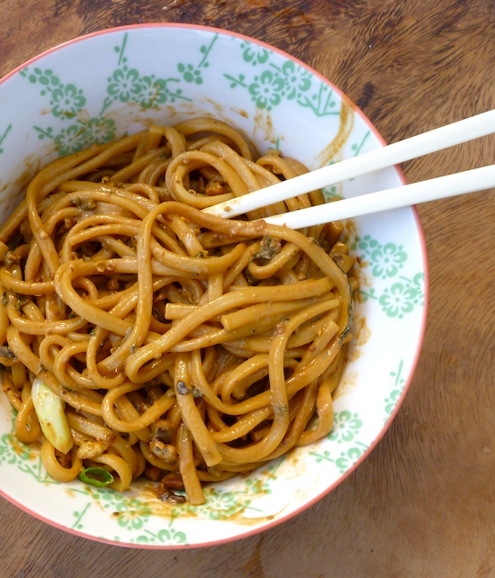 Vegetarian dan dan noodles with shitake mushrooms and tofu