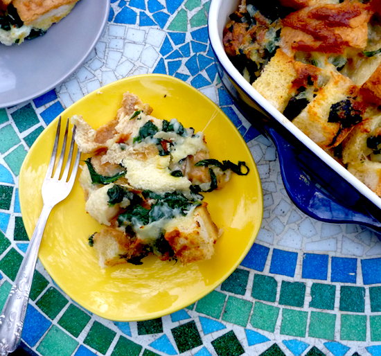 Vegetarian breakfast baked cheese and spinach strata