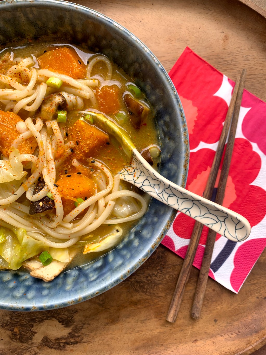 Udon Miso Soup with Pumpkin and Mushrooms