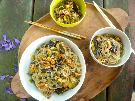 Miso eggplant with soba noodles and walnuts